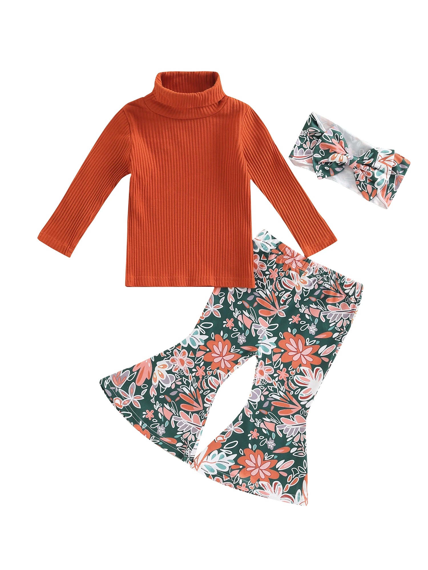 

Baby Girl Outfit Bell Bottoms Floral Pants Set Fall Winter Clothes Turtleneck Sweater Headbands 3Pcs