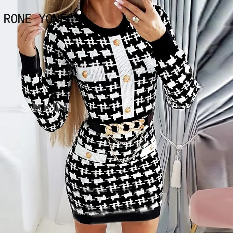 

Женское сексуальное элегантное базовое платье с круглым вырезом и принтом цепей