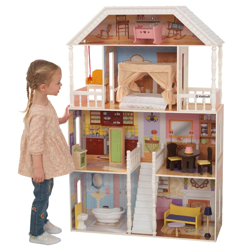 

Wooden Dollhouse, Over 4 feet Tall with Porch Swing and 14 Accessories