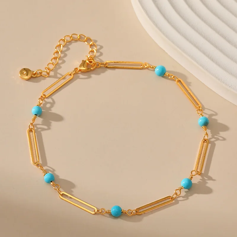 

Bohemian Turquoise Beads 18k Gold Plated Paper Clip Chain Anklet for Women Color Zircon Summer Beach Jewelry Gifts Free Shipping