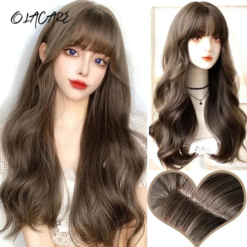 OLACARE Popular Brown Ash Long Deep Wave Hair Lolita Wigs With Bangs Synthetic Wig For Women Fashion Thick Curls Girl