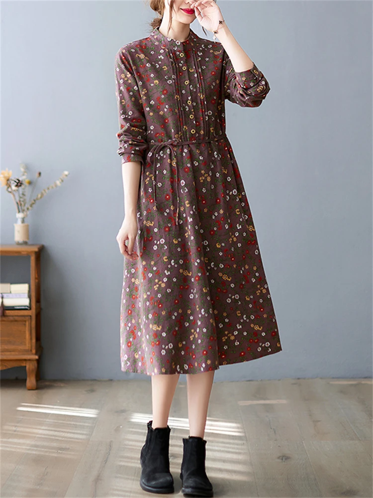 Женское Хлопковое платье с длинным рукавом повседневное элегантное винтажное