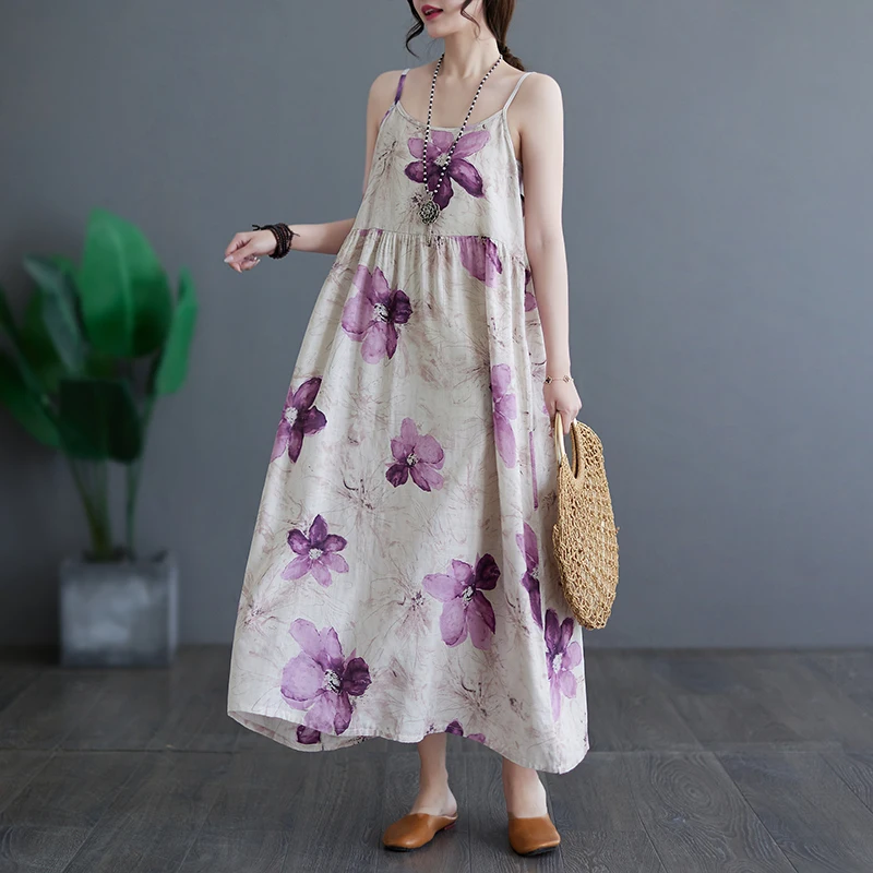 

2023 New Summer Women Simple Backless Oversize Robe Cotton Loose Floral Vacation Strappy Swinging Casual Long Idyllic Sundress