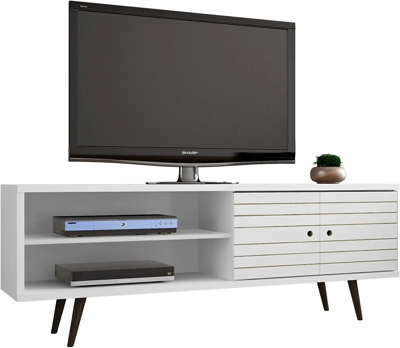 

Mid-Century Modern Living Room TV Stand with Shelves and a Cabinet with Splayed Legs, 201AMC 62.99 Inch, White Cabinet Filing c