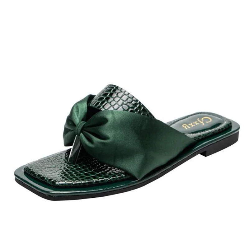 2022 Summer Women Slippers Silk Bow Outdoor Slippers Flats Open Toe Causal Sandals Comfortable Fashion Green Shoes Plus Size 42