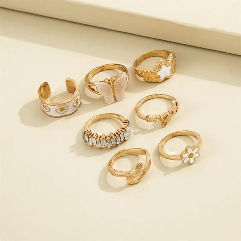 

Набор женских геометрических колец в богемном стиле, комплект из 7 предметов в винтажном стиле золотистого цвета, с широким кольцом-бабочкой, в стиле бохо, ювелирные украшения на палец