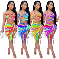 adogirl sexy 2 piece set outfits women summer beachwear tie dye bandage crop top drawstring skirts party club matching sets