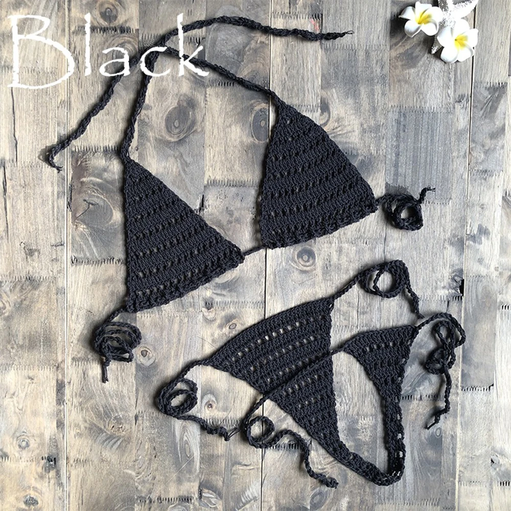 

Women Sexy Bikini Hollow Handmade Crochet Swimsuit Swimwear Bathing Suit G Thong String Beach Lingerie Sets Beachwear Bathing