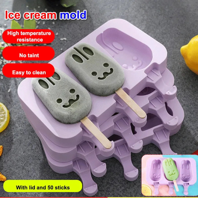 

Cartoon Ice Cream Bar Mold with Lid Piece Set Silicone Popsicle Molds