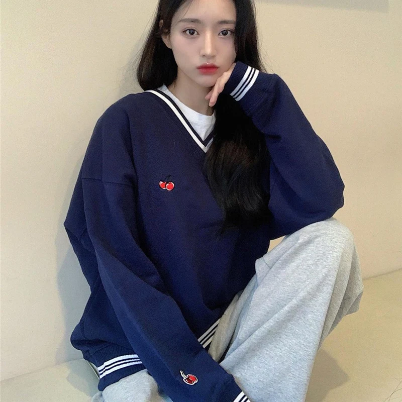 

New Autumn Fashion Women Sweatshirts Y2k Retro Stripe V-neck Embroidered Cherry Jumper Femme Harajuku Fleece Long Sleeve Hoodies