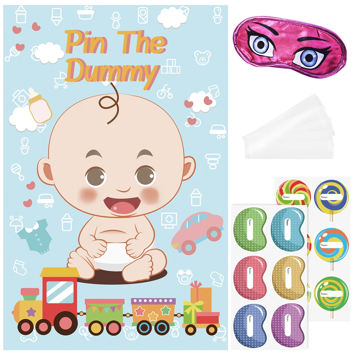 

Pin the Game Set Pacifier Postier Sticker and Blindfold with Double Sided Stickers Party Game Favor 81 x 53