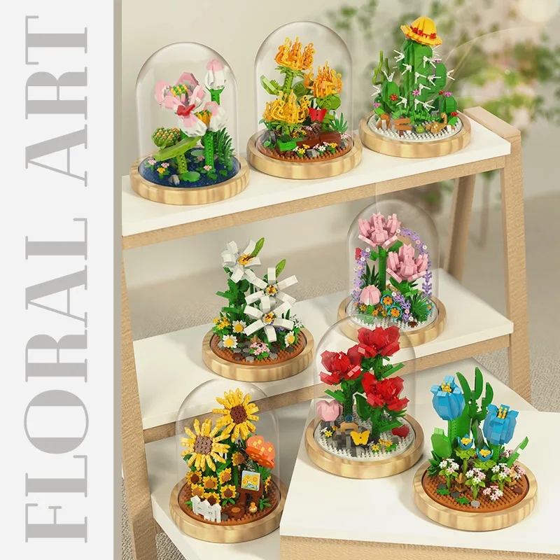 

Children'S Building Blocks Potted Flowers Diy Small Particles With Glass Cover Home Furnishing Compatible Assembling Gifts