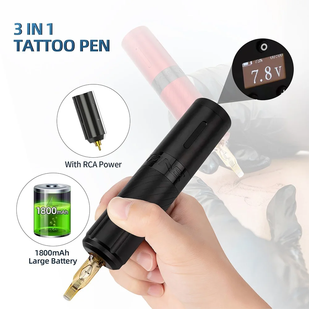New 3 IN 1 Wireless Tattoo Machine Set with 2 1800mAh RCA Power Supply OLED Display 12500RPM Coreless Motor Makeup Tattoo Pen