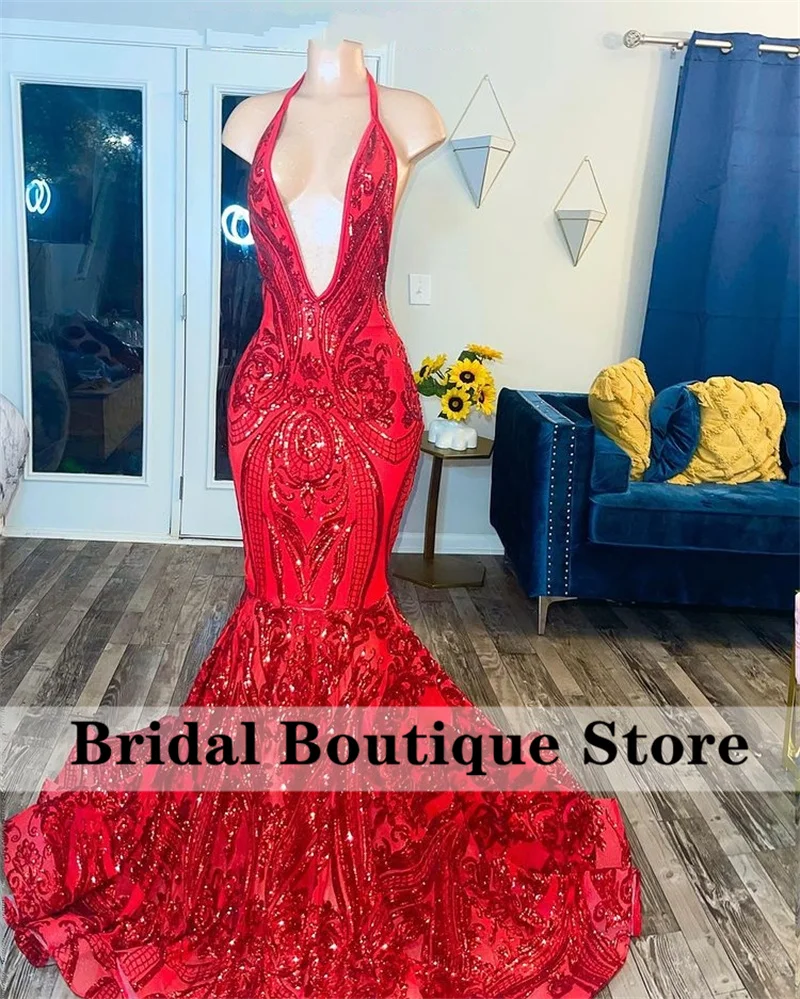 

Sparkly Red Sequins Mermaid Long Prom Dresses 2023 Halter Sexy Party Gowns For Black Girls Robe De Bal Custom