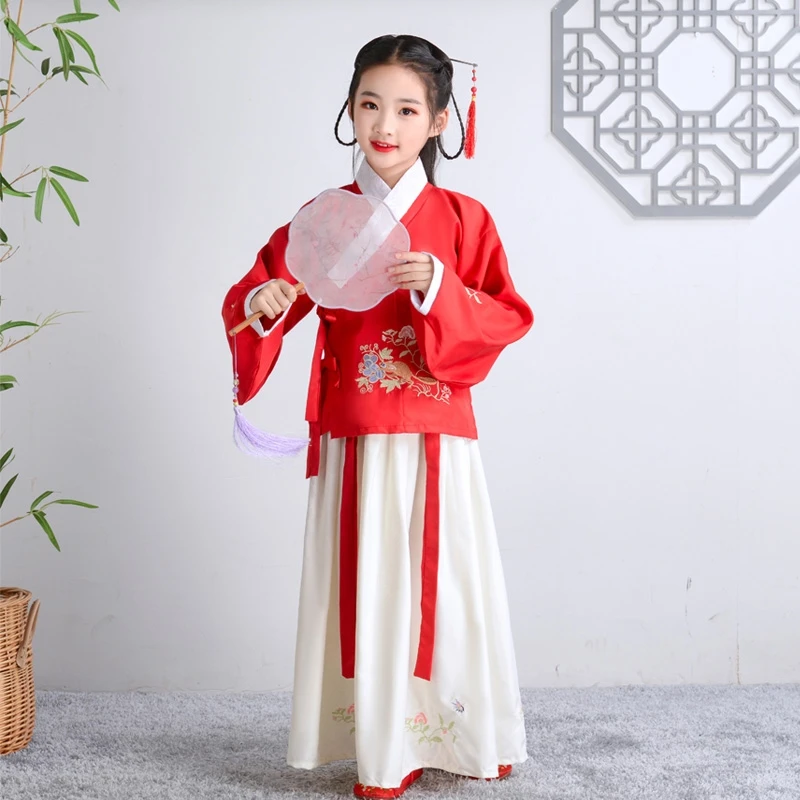 

Комплект одежды для девочек Hanfu, осень 2020, новый топ с цветами для маленьких девочек в китайском стиле + юбка, костюм из двух предметов для дев...