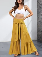 summer women flare pants solid casual loose pleated trousers bandage long pants casual pants