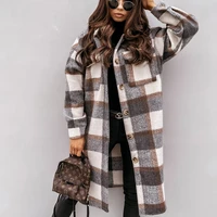 casual single breasted lapel autumn and winter clothing 2021 long sleeved loose woolen coat womens plaid printed woolen coat