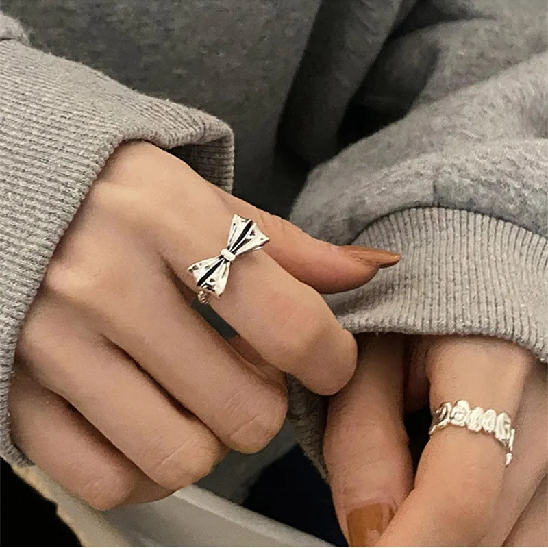 

FMILY Minimalist 925 Sterling Silver Bow Ring Fashion Opening Adjustable Geometric Irregular Jewelry for Girlfriend Gifts