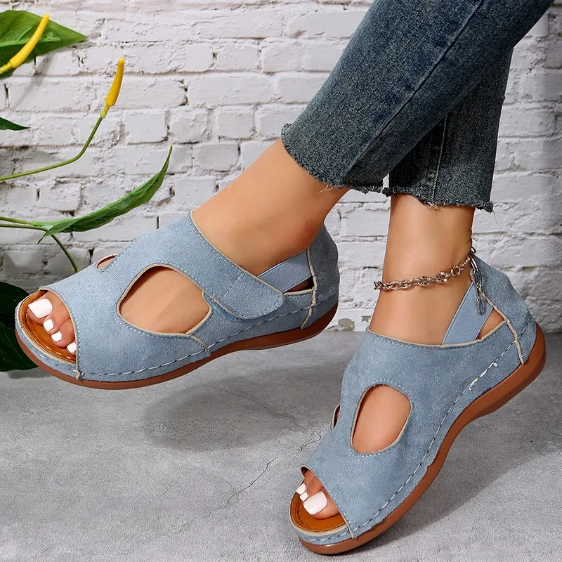 

Vintage Leopard Print Roman Sandals Women Peep Toe Hollow Out Wedge Mujer 2023 Thick Sole Non Slip Summer Shoes Woman Plus Size