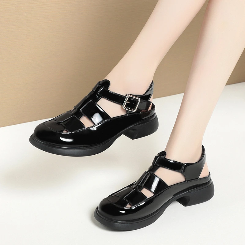 CICIYANG Baotou Roman Sandals for Women 2023 New Summer Woven Openwork One-line Buckle Ladies Shoe Low Heel Black Beige Handmade