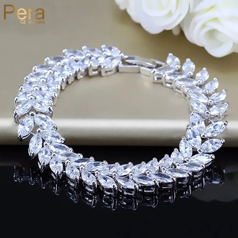 

Pera Graceful Big Leaf Shape CZ Crystal Silver Color Bridal Wedding Chain Link Bracelets Bangles for Brides Party Jewelry B025