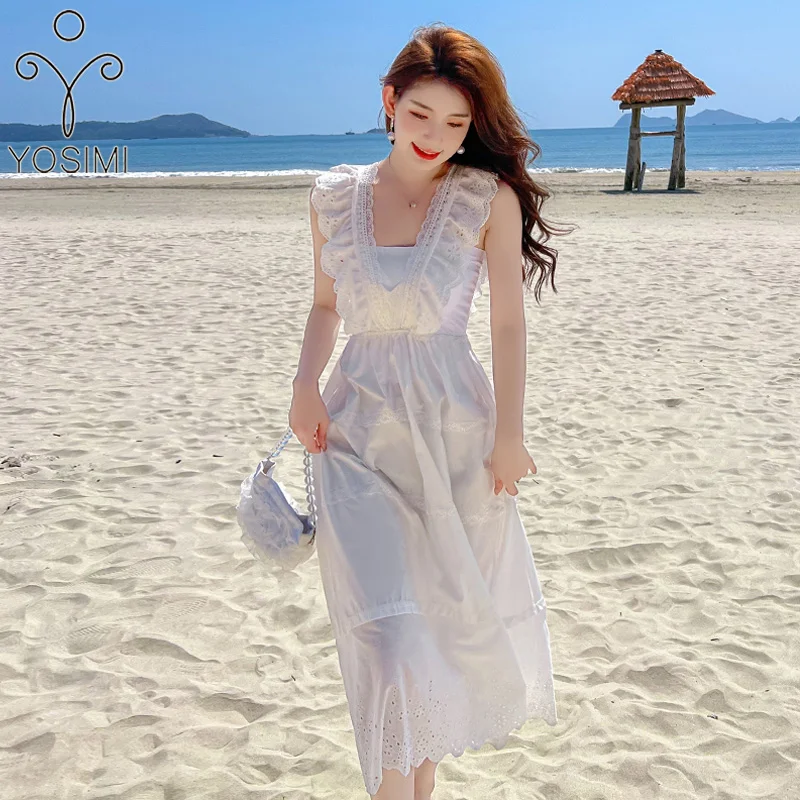 

YOSIMI 2022 Summer Elegant Embroidery White Cotton Sleeveless Long Women Dresses Lace V-neck Vintage Bohemian Vestido Feminino