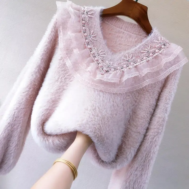 

Women Autumn Knitted Clothes Female Lace Print Solid V-neck Sweater Jumper Ladies Long-sleeved Knitted Pullovers Shirt Tops G273