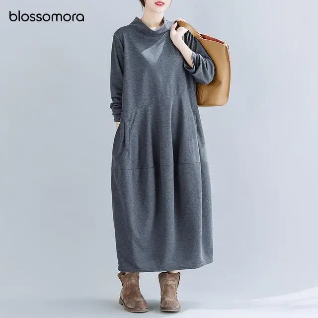 

Blossomora Autumn New Loose Vintage Solid Color Maxi Dress Casual Fashion Stand Collar Long Sleeve Winter Vestido for Women 2022