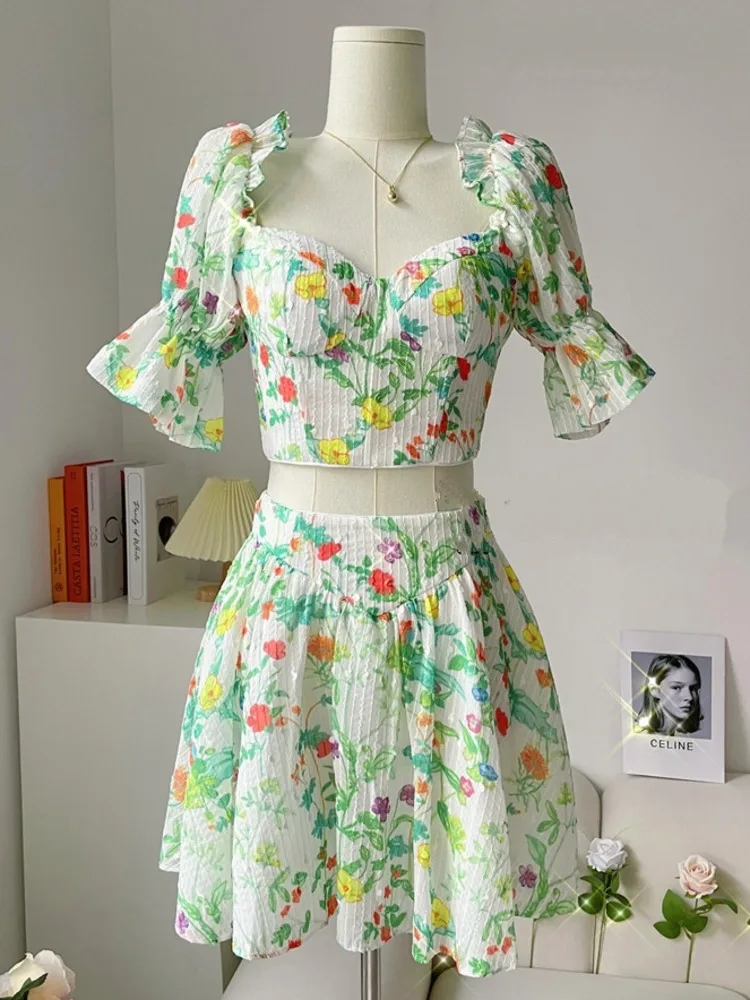 

Summer Sweet Print Two Piece Set Women Backless Sexy Crop Top + A-line Skirts Sets Vacation Beach 2 Piece Suits Ensemble Femme