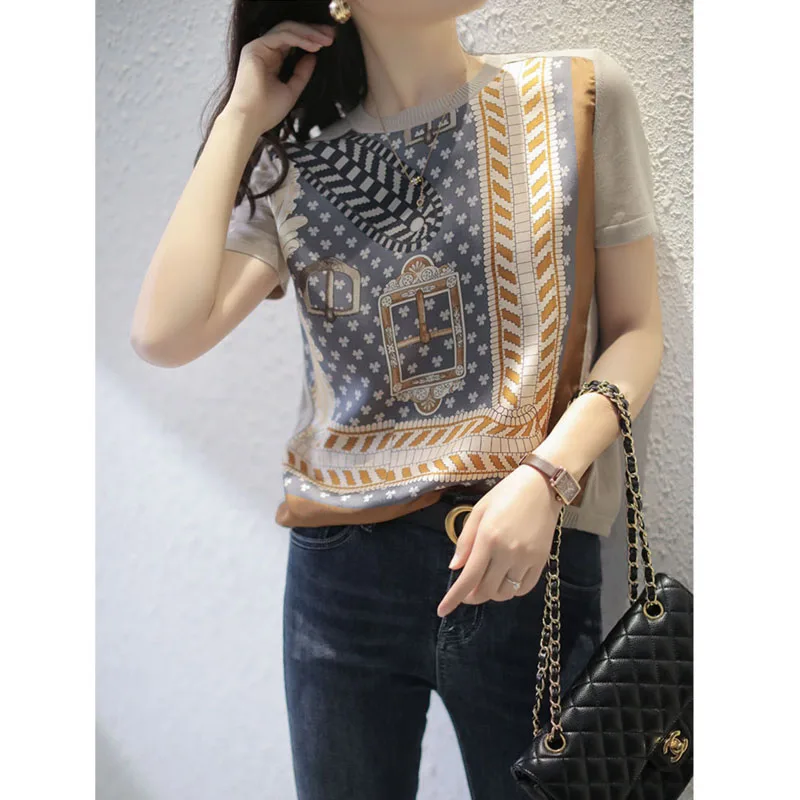 French sle Ice Silk Knit T-shirt Women Summer Loose Temperament Retro Thin Age-Reducing Western Sle Print Top Ins Fashion