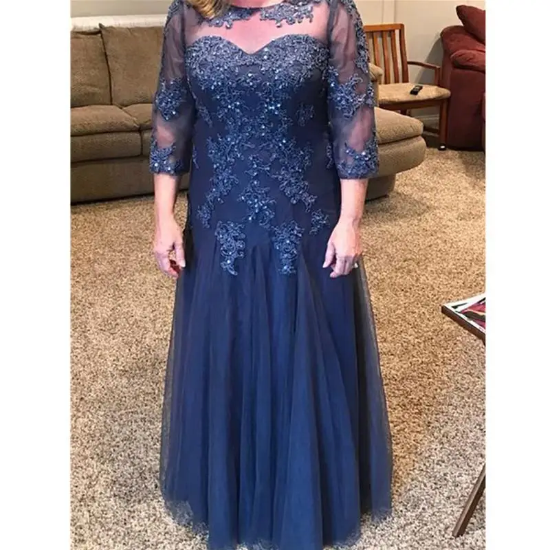 

Простое синее Тюлевое платье для матери, а-силуэт, рукав 3/4, аппликация, бриллианты, длинное свадебное платье для жениха и матери