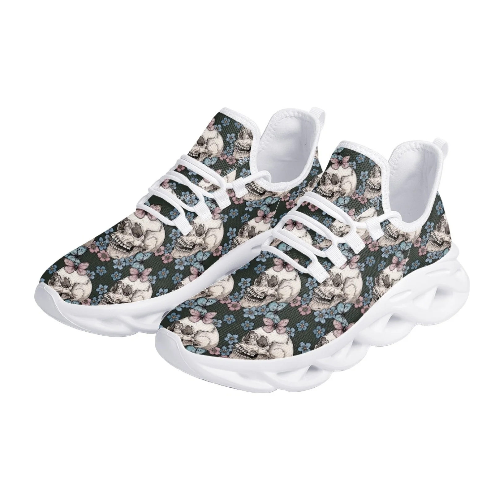 Belidome Sugar Skull Floral Design Shoes Women Athletic Running Mesh Breathable Casual Sneakers Lace Up Walking Footwear Zapatos