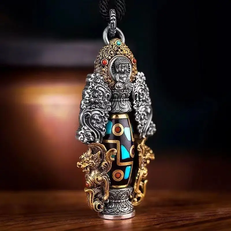 Vintage Copper Buddha statue Dzi Beads Necklace Pendant Buddhist Jewelry Amulet Pendant Ornament Well made Accessories Jewelry