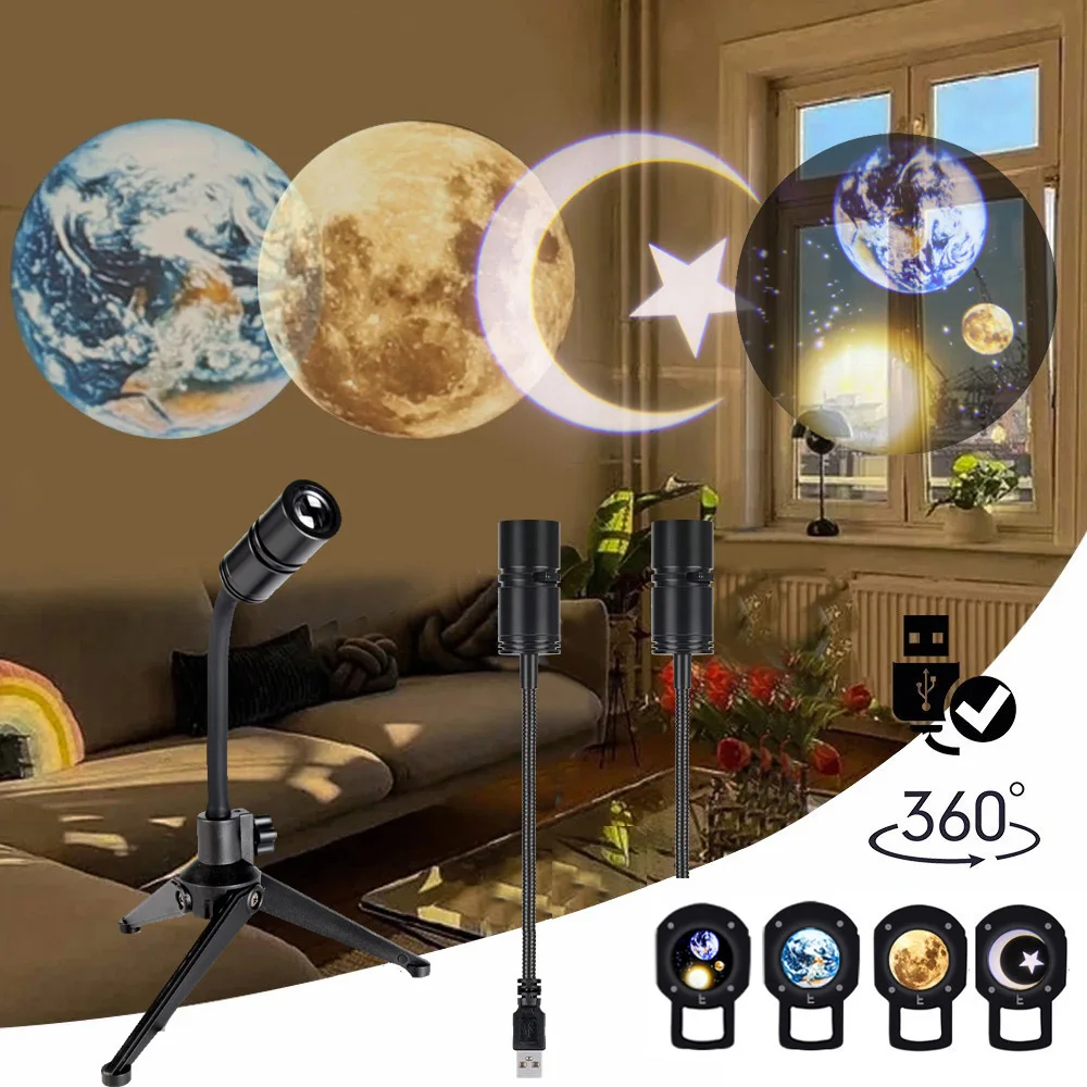 Земля Луна Проектор Звездная планета Проекционная лампа 360 вращаемый кронштейн Светодиодный галактический ночной свет для декорации атмосферы в спальне.