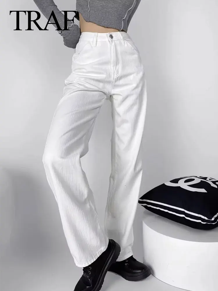 

TRAF Women's Summer Two-color Vertical Pattern Wide-leg Pants High Waist Zipper Side Pocket Ladies Casual Pants Commuting Style