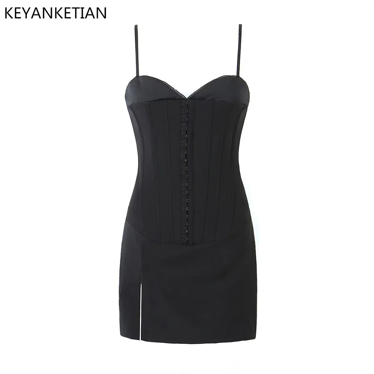 

KEYANKETIAN Summer New Buckle Style Tight Sling Dress Women Sexy Lace Embellished High Fanny Pack Hip Mini Skirt Black