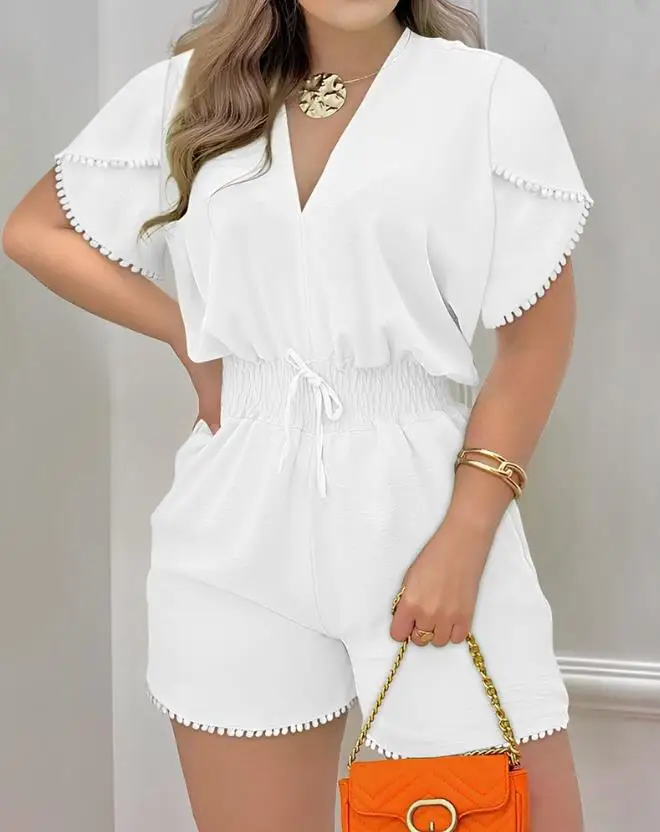 

2023 Summer New Fashion Casual Popular Women's Solid Color Petal Sleeve Shirred Tied Detail Short Sleeve V-Neck Romper Y2K