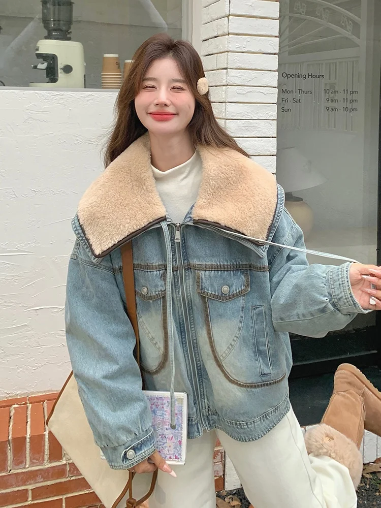 Бархатный джинсовый пуховик из овечьей шерсти с большими лацканами 90 женский