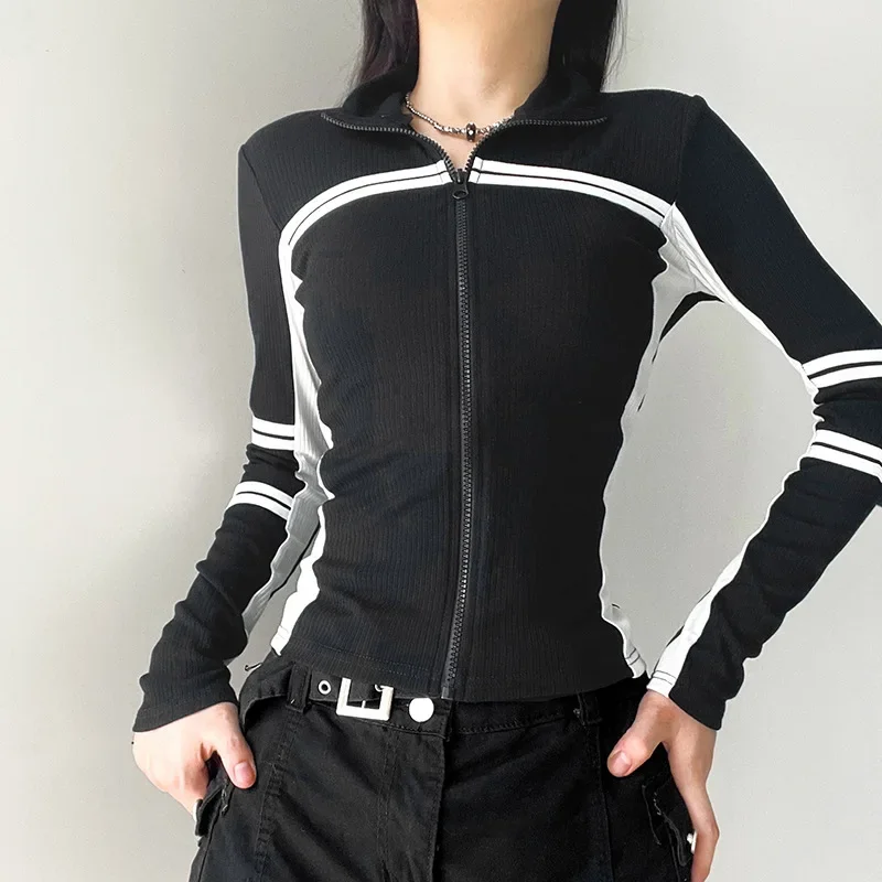 

European And American Motorcycle Fashion Stripe Color Matching Slim Zipper Thin Sweater Spice Street Casual Joker Coat