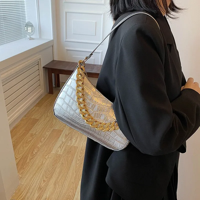 Fashion Shopping Bag Retro Armpit Casual Women Totes Shoulder Bags Female Leather Solid Color Thick Chain Handbag For Women 2023