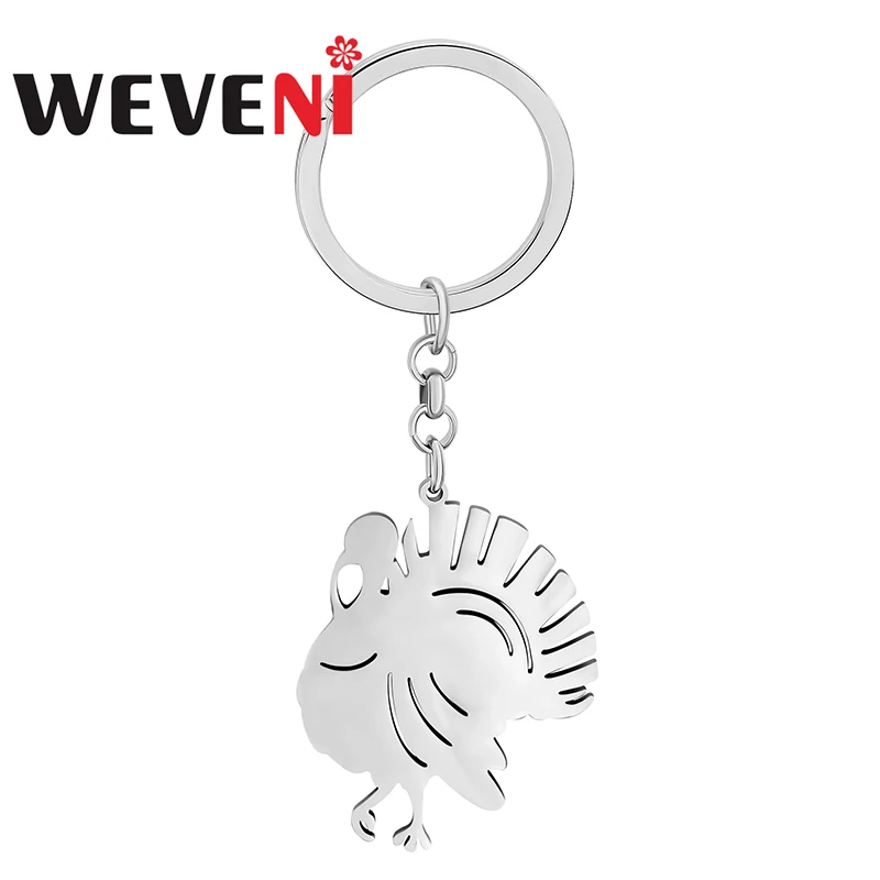 

WEVENI Thanksgiving Keychains Stainless Steel Silver-plated Turkey Animals Key Rings Metal Holder Jewelry For Women Teens Charms