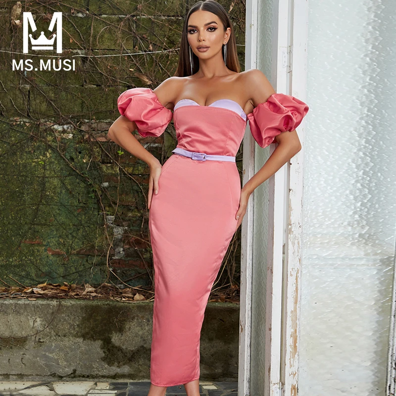 

Новинка 2023, модное женское сексуальное платье MSMUSI с открытыми плечами, с поясом и буффами, с коротким рукавом, облегающее платье-макси для клуба, мероприятия