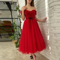 verngo 2022 a line red tulle with black dotted prom dresses off the shoulder short sleeves midi length homecoming party dress