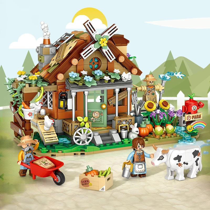 LOZ Creative Windmill Farmhouse Animal Homeland Building Block, Moc Farm Cabin Garden Cart Cow Toys, Brick for Kids Gift
