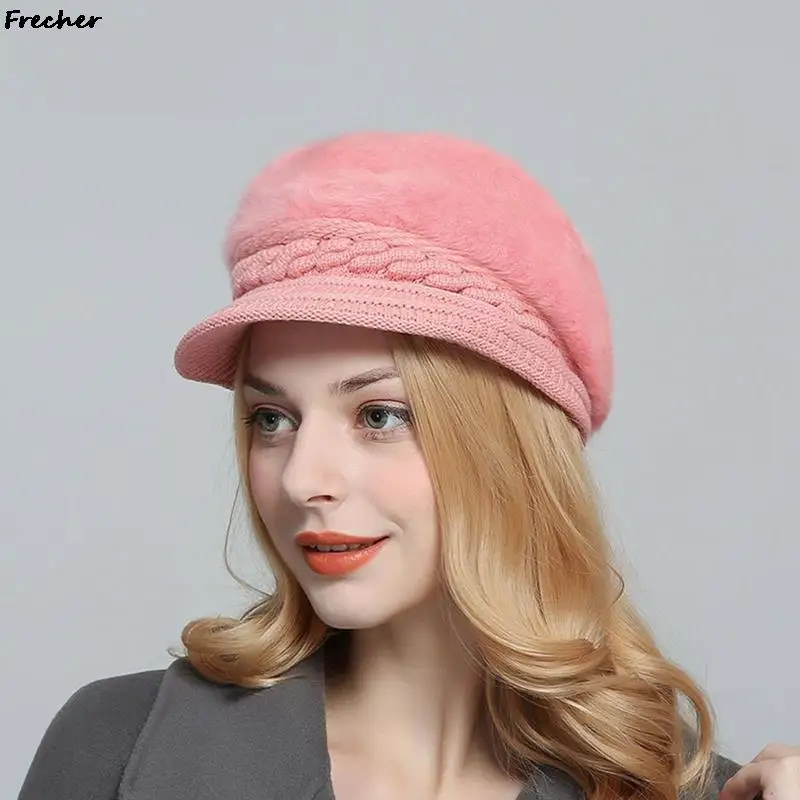 

Winter Ladies Stewardess Cap Soft Plush Wool Hat Warm Skullies Uniform Party Hats Women Knitted Beanies Caps Rabbit Fur New