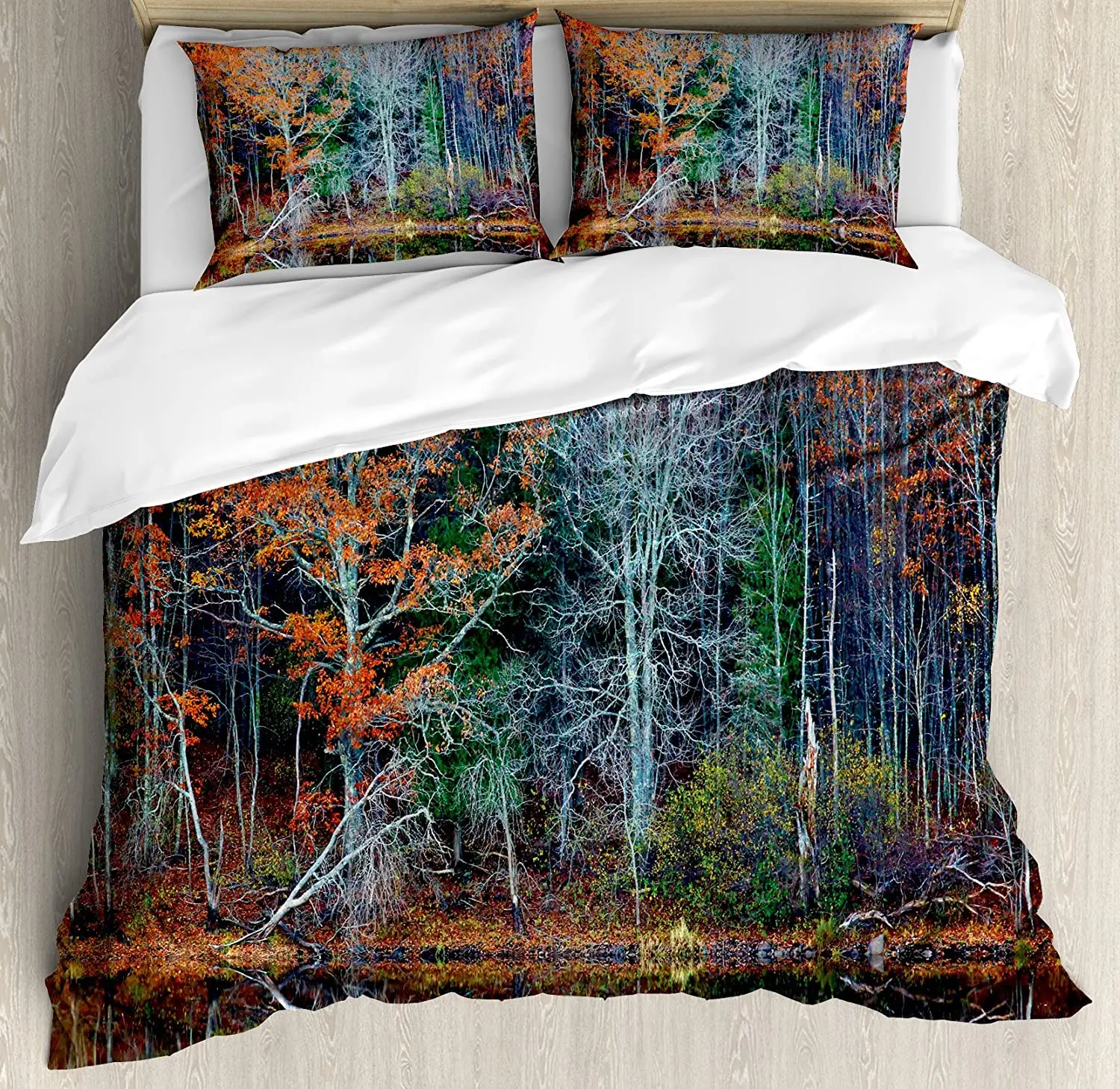 

Leaves Bedding Set For Bedroom Bed Home Magical Forest with Tree Reflections over the Lak Duvet Cover Quilt Cover And Pillowcase