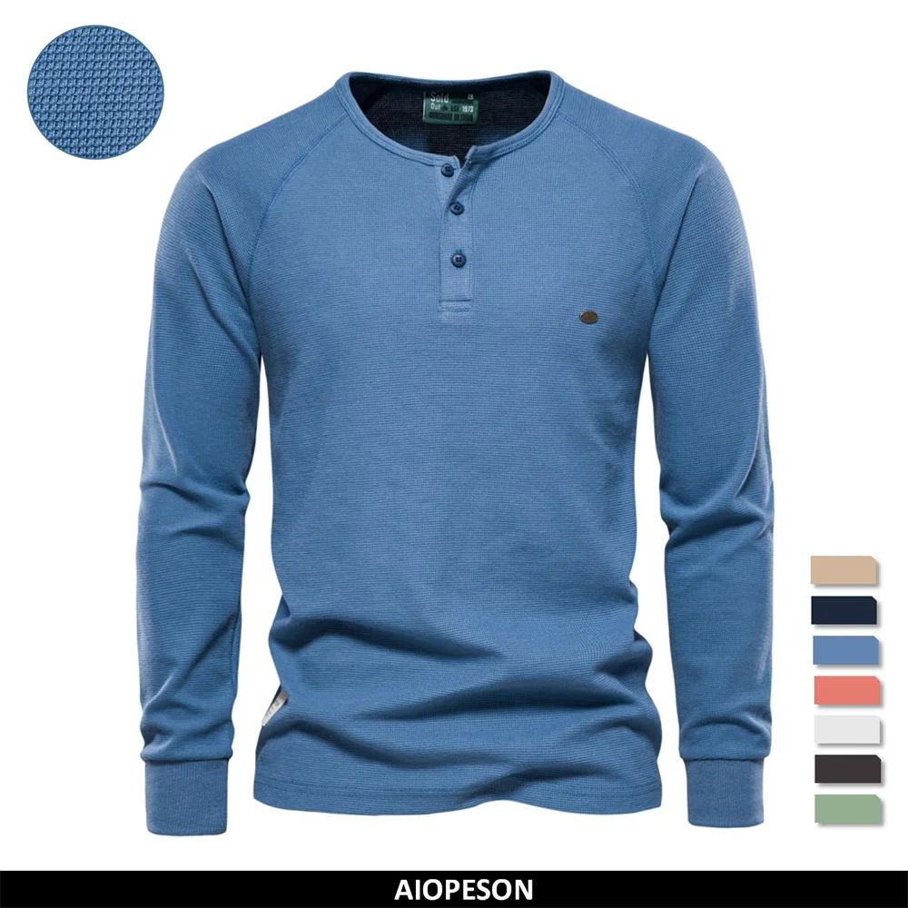 

AIOPESON Waffle Henley T-Shirt Men Long Sleeve Basic Breathable Men's Tops Tee Shirts New Autumn Solid Color T Shirt For Men