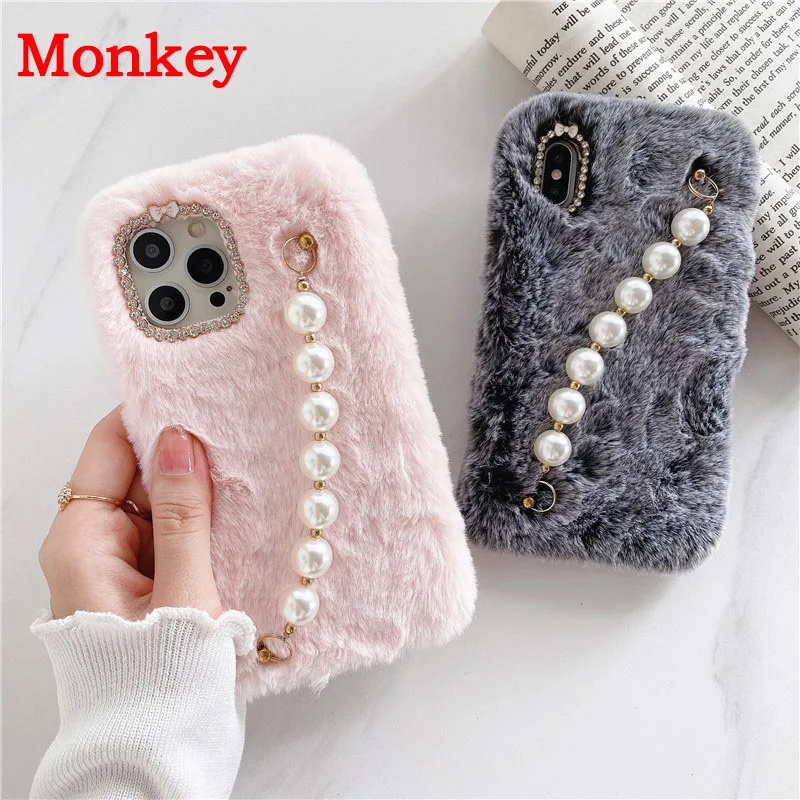 Wrist Chian Strap Pearl Bracelet Phone Case For iPhone 12 Pro Max 14 13 Pro 6 7 8 Plus X XR XS Max 11 ProMax SE2 Plush Fur Coque