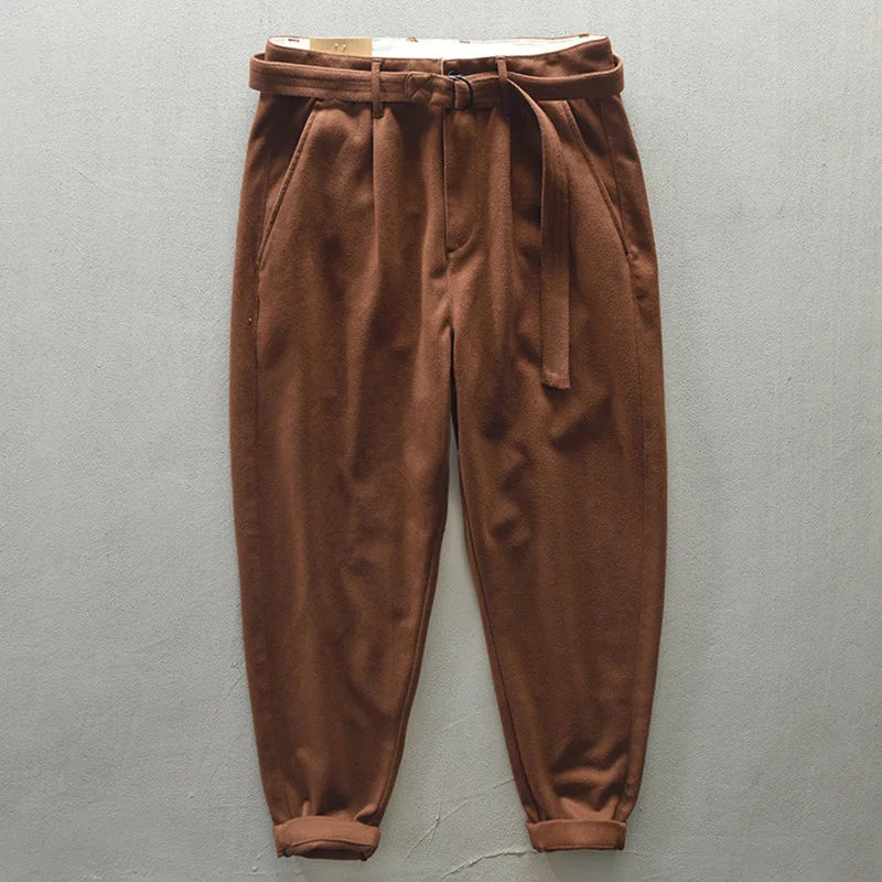 

Thicken Cotton Winter Men Casual Pants Brown Japan Korea Style Loose Belt Trousers Baggy Pants Men 20222 Winter Autumn