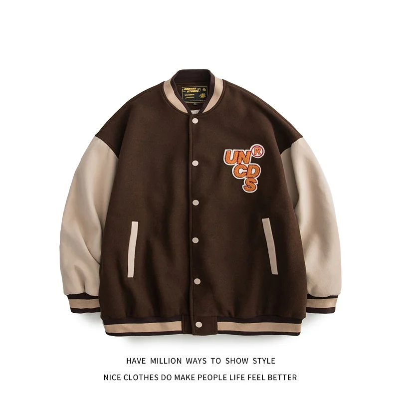 

New Arrival Autumn Brown Patchwork Embroid Women's Letterman Baseball Bomber Jacket Unisex Men's Varsity Shirt Street College